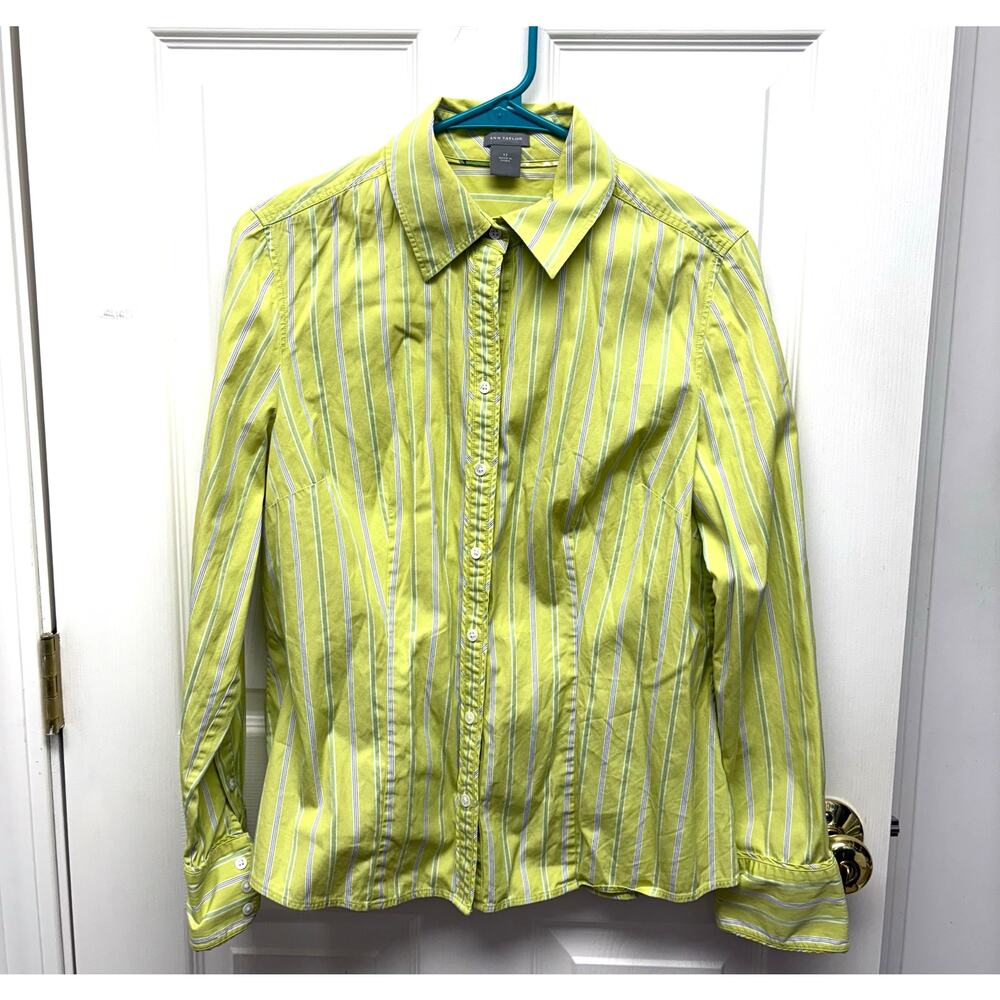 Ann Taylor Blouse Lime Green Button Up Stripes, 100% Cotton, Woman's Size 12